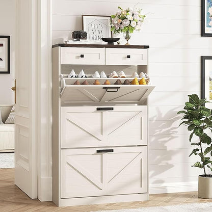 Shoe Cabinet with 3 Flip Drawers & 2 Drawers,Freestanding Shoe Storage Cabinet for Entryway,Farmhouse Narrow Slim Organizer Rack for Foyer,Hallway,White