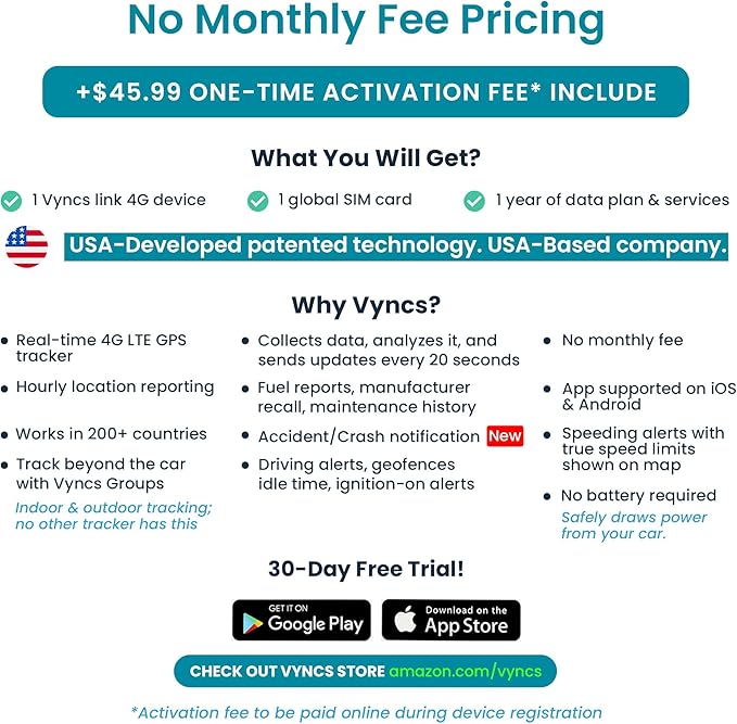 Vyncs - GPS Tracker for Vehicles, [No Monthly Fee], 4G LTE, Vehicle Location, Trip History, Driving Alerts, GeoFence, Fuel Economy, OBD Fault Codes, USA-Developed, Family or Fleets