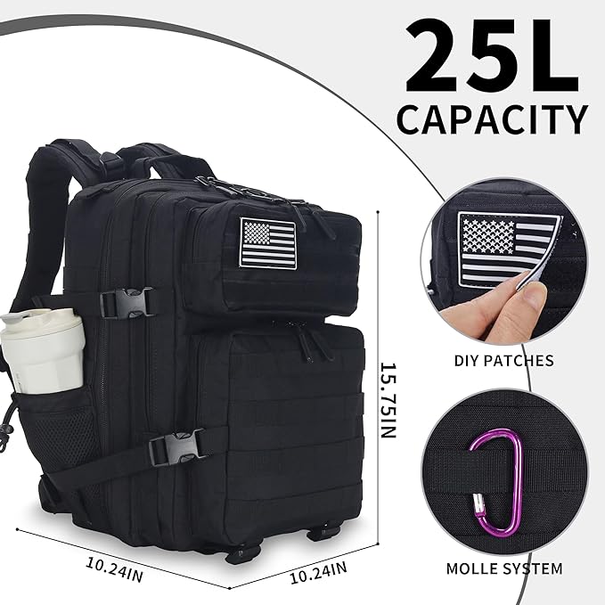 25L Tactical Backpack for Men and Women Small Military Tactical Backpack Heavy Duty Molle Assault Pack Daypack for Hiking Camping Travel Work Gym Outdoors (Black)