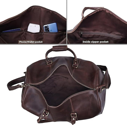 Leather Travel Bag,Weekender Overnight Bag Leather Large Carry On Bag Travel Tote Duffel Bag for Men & Women (Dark Brown)