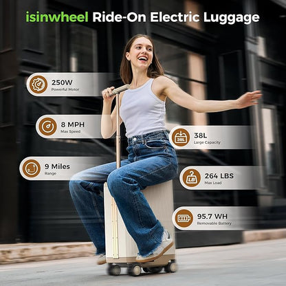 isinwheel Smart Rideable Luggage, Airline-Approved Electric Scooter Suitcase 22"x14"x9", 250W Motor Up to 8 MPH & 9.3 Miles Range,95.7Wh Removable Battery, TSA Lock,38L Carry-on Electric Luggage－White