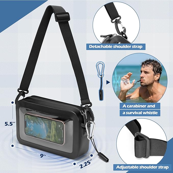 Waterproof Sling Bag with Phone Touch Screen Feature and Back Molle System, Waterproof Fanny Pack with a Carabiner and a Whistle, Black