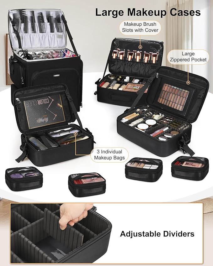 Relavel Rolling Makeup Case, 4 in 1 Hairstylist Traveling Bag Cosmetology Case on Wheels Large Hair Tools Cosmetics Train Case Makeup Artist Organizer (black with 4 additional small bags, Extra Large)