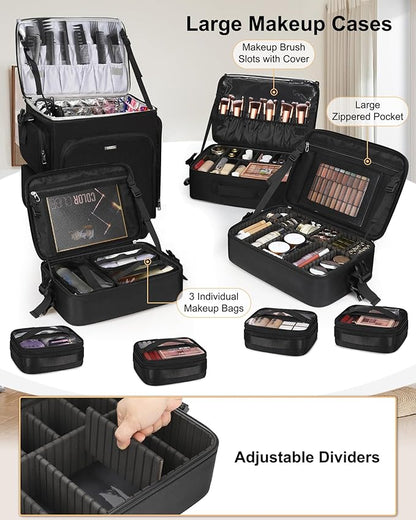 Relavel Rolling Makeup Case, 4 in 1 Hairstylist Traveling Bag Cosmetology Case on Wheels Large Hair Tools Cosmetics Train Case Makeup Artist Organizer (black with 4 additional small bags, Extra Large)