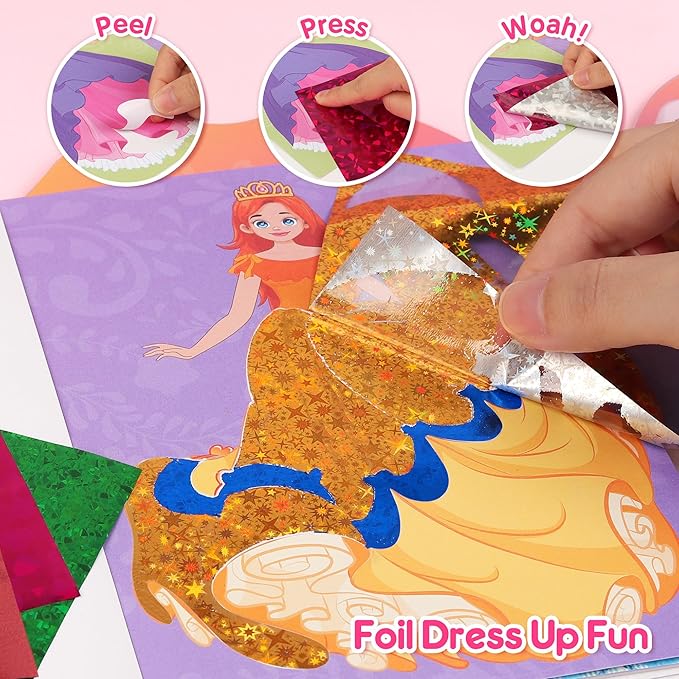 Mocoosy Princess Makeup Art Craft Kit for Girls, Foil Crafts & Gem Painting, Paper Doll Makeup Activity Kit for Kids Ages 4-8, Dress Up Sticker Books, Travel Toys Birthday Gift 5 6 7 8 9 Years Old