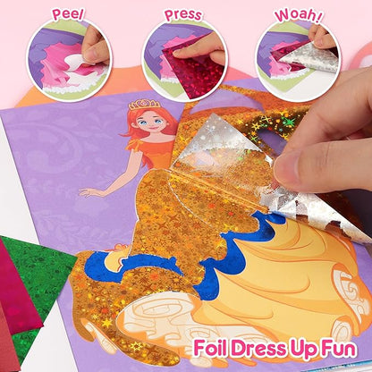 Mocoosy Princess Makeup Art Craft Kit for Girls, Foil Crafts & Gem Painting, Paper Doll Makeup Activity Kit for Kids Ages 4-8, Dress Up Sticker Books, Travel Toys Birthday Gift 5 6 7 8 9 Years Old