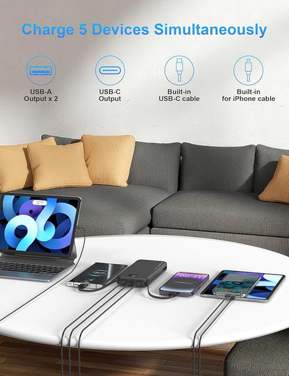 Portable Charger with Wall Plug, 12000mAh USB C Power Bank Fast Charging, External Battery Pack with Built in Cables, Digital Display, 5 Output 4 Input for iPhone Android Cell Phone Tablet