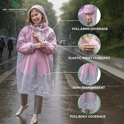 Eco-Friendly Rain Ponchos - Bio-degradable Disposable Clear Poncho with Drawstrings and Adjustable Hood, Family Pack of 5