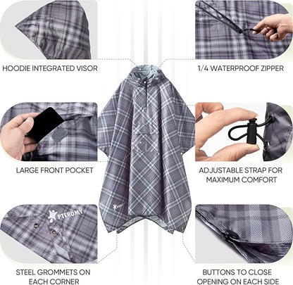PTEROMY Hooded Rain Poncho for Adult with Pocket, Waterproof Lightweight Unisex Raincoat for Hiking Camping Emergency
