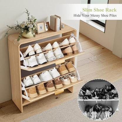RARZOE Fluted Shoe Cabinet with 2 Flip Drawers, Narrow Curved Shoe Storage Cabinet for Entryway, Freestanding Wood Hidden Shoe Organizer Closed Shoe Rack Cabinet for Foyer, Hallway (29.5''Natural)