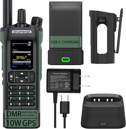 BAOFENG dm32, dmr Radio Handheld USB-C Charging GPS 10W walkie Talkie Long Range,Emergency Rescue & Outdoor Sports dm-32uv Radio (1 Pack Green+Back Clip)