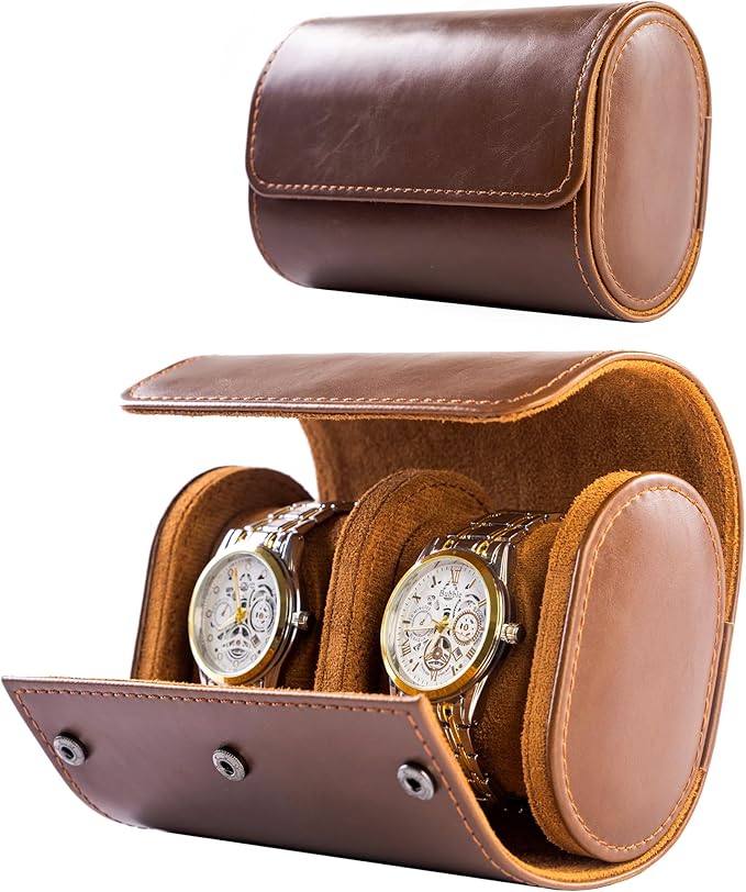 MR.OKAY 2 Watch Travel Case-Classic Leather Watch Case With Superb Texture.Portable Watch Roll Or Organizer For Storage And Display. Best Travel Gift for Men,All Handcrafted By Artisans.