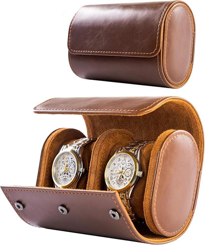 MR.OKAY 2 Watch Travel Case-Classic Leather Watch Case With Superb Texture.Portable Watch Roll Or Organizer For Storage And Display. Best Travel Gift for Men,All Handcrafted By Artisans.