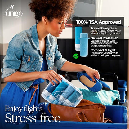 unigo 30pack Full Set TSA Approved Travel Bottles for toiletries, Travel Size Containers for Toiletries, Refillable Leakproof Shampoo and Conditioner Bottles, Toiletry Containers (Blue)