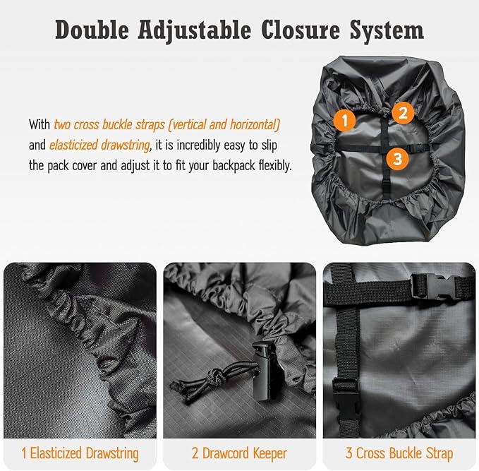 Waterproof Backpack Rain Cover (15-90L), Heavy-Duty Nylon Pack Cover with Upgraded Double Adjustable Closure System and a Carry Pouch for Hiking, Cycling. Durable and Lightweight.
