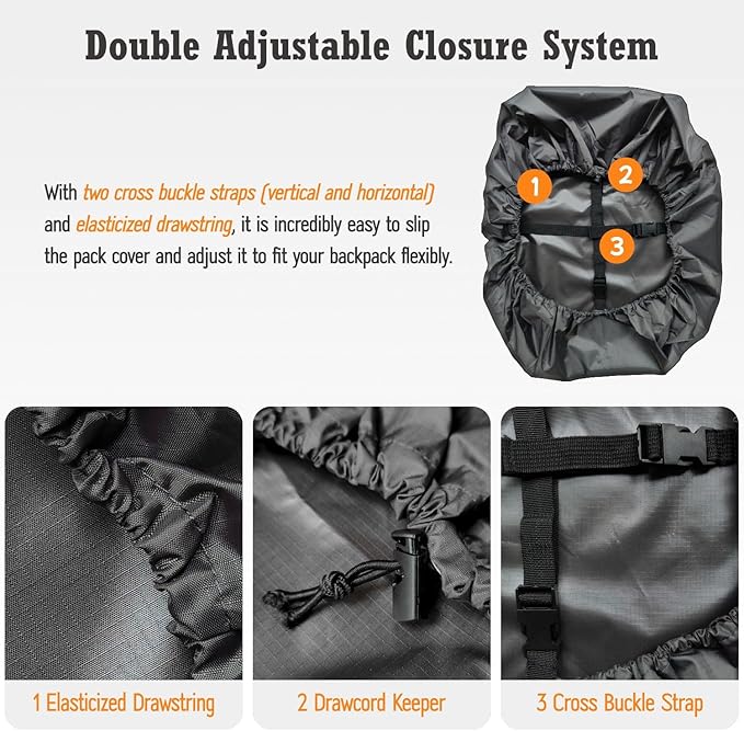 Waterproof Backpack Rain Cover (15-90L), Heavy-Duty Nylon Pack Cover with Upgraded Double Adjustable Closure System and a Carry Pouch for Hiking, Cycling. Durable and Lightweight.