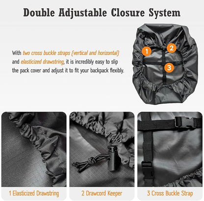 Waterproof Backpack Rain Cover (15-90L), Heavy-Duty Nylon Pack Cover with Upgraded Double Adjustable Closure System and a Carry Pouch for Hiking, Cycling. Durable and Lightweight.