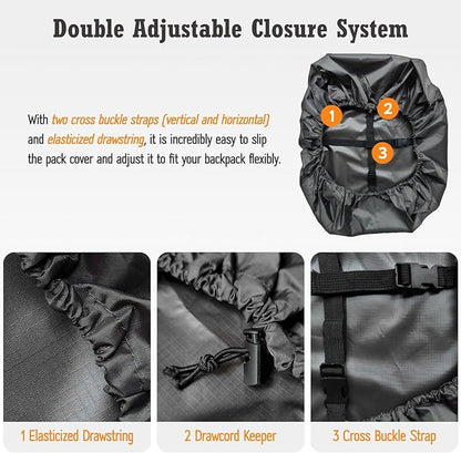 Waterproof Backpack Rain Cover (15-90L), Heavy-Duty Nylon Pack Cover with Upgraded Double Adjustable Closure System and a Carry Pouch for Hiking, Cycling. Durable and Lightweight.