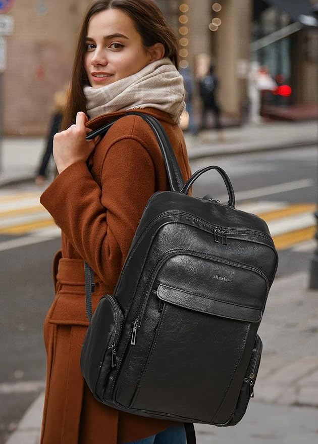 Shrrie Leather Laptop Backpack for Women with 17 inch Computer Backpack Purse for Travel College Work