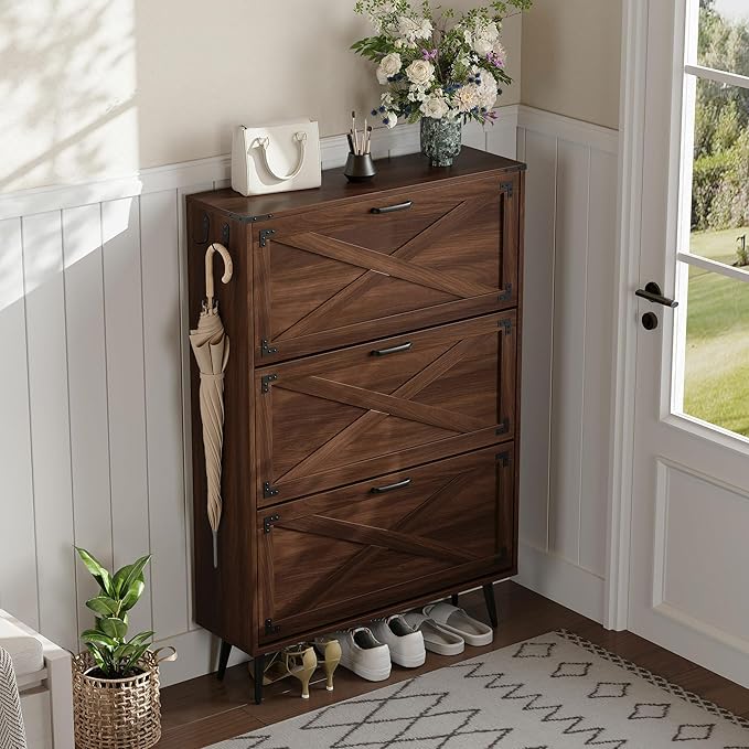 Shoe Organizer Cabinet Narrow with 3 Flip Drawers Shoe Rack Cabinet Hidden Slim Freestanding Shoe Storage Cabinet 24 Shoes for Entryway,Living Room, Rustic Walnut