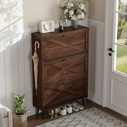 Shoe Organizer Cabinet Narrow with 3 Flip Drawers Shoe Rack Cabinet Hidden Slim Freestanding Shoe Storage Cabinet 24 Shoes for Entryway,Living Room, Rustic Walnut