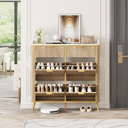 Fluted Shoe Cabinet Storage, Modern Slim Shoe Organizer Cabinet with 4 Flip Drawers & 2 Drawers, Wooden Freestanding Shoe Rack Cabinets for Entryway, Foyer, Hallway, Natural Oak