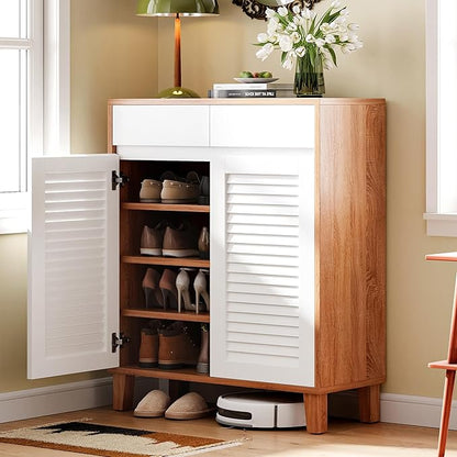 4-Tier Shoe Storage Cabinet with Drawer & Adjustable Shelves, Wooden Shoe Organizer Rack with Louvered Doors for Entryway, Hallway, Closet, Living Room(White/Brown)