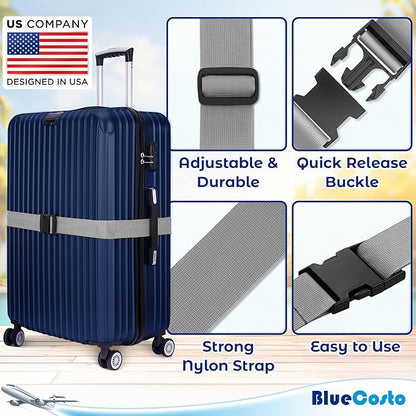 Luggage Straps for Suitcases - TSA Approved - Silver, 4 PK - Premium Nylon Belts for Suitcase, Briefcase & Travel Bag - Adjustable Strap Length 46" - 78"