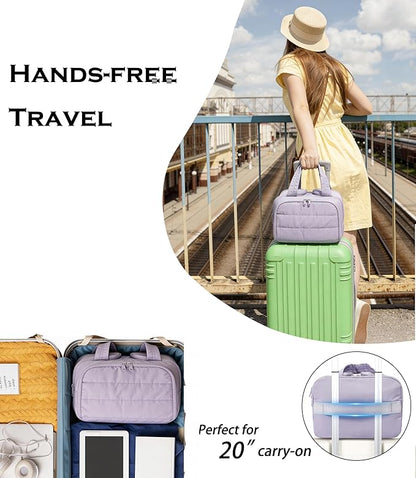 Travel Toiletry Bag for Women, Large Wide-open Puffy Cosmetic Makeup Bag with Wet-Dry Separation, Multi-Pocket Organizer with Carry Handle for Toiletries, Cosmetics, Essentials, Light Purple