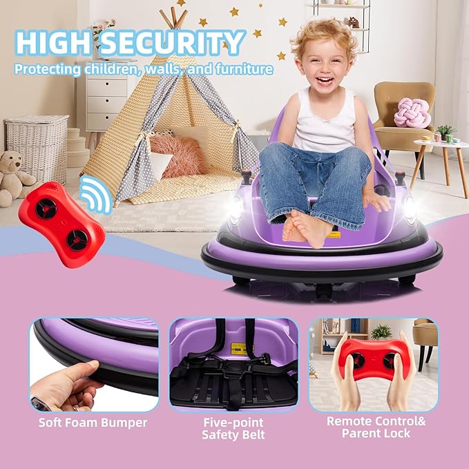 12V Bumper Car for Kids, Bumper Car for Toddlers W/Remote Control, Electric Ride On Car with LED Lights & 360 Degree Spin, Bluetooth, Anti-Collision Padding 5-Point Safety Belt, Purple