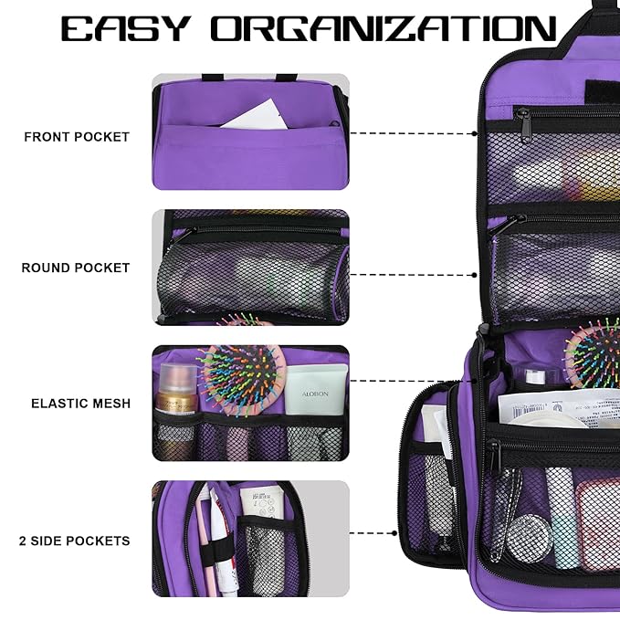 Goloni Hanging Toiletry Bag with Hook, Large Makeup Bag Travel Organizer, Water-Resistant Hanging Cosmetic Bag with 10 Compartments for Women & Men,Purple