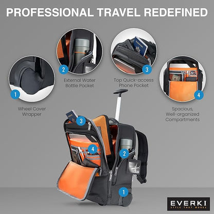 EVERKI 123 Wheeled Laptop Backpack - For 15.6” Laptop & 16” MacBook, Rolling Back Pack for Men & Women, Carry On Travel Backpack with Replaceable Wheels, Rolling Work Bag for Business Professional