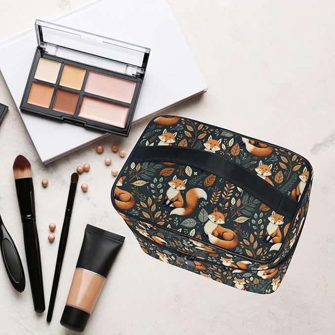 MNSRUU Makeup Bags, Fox and Leaves Makeup Organizer Bags Toiletry Bag Box Travel Cosmetic Bag Make Up Train Case for Women Teen Girl Ladies
