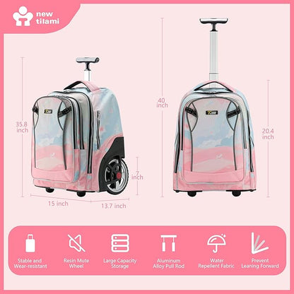 NEW TILAMI 20" Rolling Backpack for Teens Adults, Climbing Stairs Waterproof Backpack with Wheels for School Business Trave Camping with Laptop Compartment, Fit 17 Inch Laptop, Pink Dawn