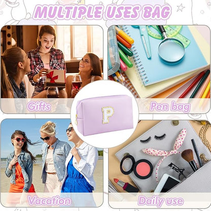 Gifts for Girls Initial Makeup Bag Personalized Cosmetic Bag with Zipper Cute Travel Toiletry Bag Waterproof PU Preppy Makeup Pouch Birthday Gift for Teen Girls Women(Purple P)