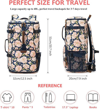 G-FAVOR Travel Backpack for Women, 40L Carry On Backpack Flight Approved Convertible Duffel Bag Backpack Fit for 17.3 Inch Laptop Bag, Floral