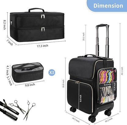OCHEAL Hairstylist Traveling Case with a Large Makeup Travel Case for Hairstylist, Hairdresser Bag with Detachable Pouch,360° Rotatable Wheelsfor Hairdressing Tool Organizer 3 Makeup Bags