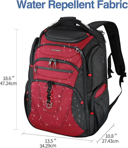 KROSER Friendly Travel Laptop Backpack 17.3 inch XXXL Gaming Backpack Water-Repellent College Daypack Business Backpack with RFID Pockets & USB Port for Men/Women-Black/Red