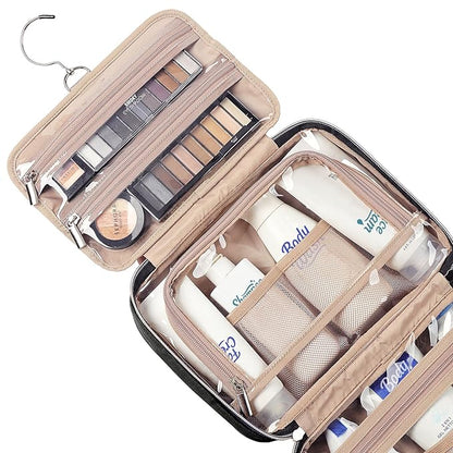 NISHEL Travel Toiletry Bag for women, Portable Hanging Organizer for Travel-Sized Shampoo, Conditioner, Brushes Set, makeup Accessories, Medium Size, Black