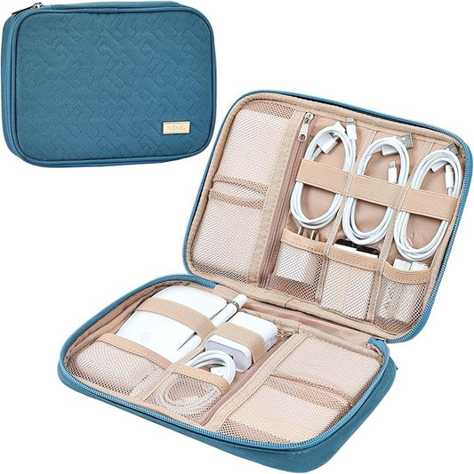 NISHEL Travel Cord Organizer Case, Tech Electronic Bag, Essentials for Charger, Cable, Phone, Hard Drive, USB, SD Card, Lake-Blue