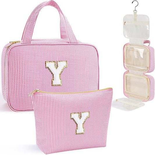 YOOLIFE Travel Toiletry Bag for Women - Hanging Toiletry Bag Makeup Bag, Portable Toiletries Travel Bag and Cosmetic Bag Essentials - Letter Y, Pink