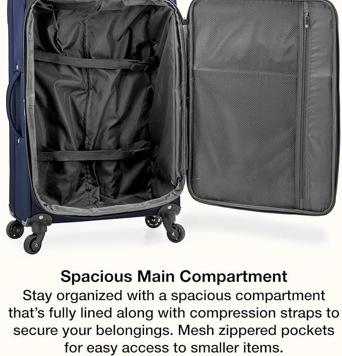 U.S. Traveler Anzio Softside Sturdy Ballistic Nylon Expandable Travel Suitcase Luggage with 4 Spinner Wheels, Navy, Checked-Large 30-Inch