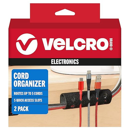 Velcro Brand Cord Organizer for Desk & Nightstand, Stocking Stuffers for Adults, 5 Cable Slots with Sleeve Routing, Adhesive Wire Holder for Cord Management, Home, Office & Gaming, Black 2 Pack