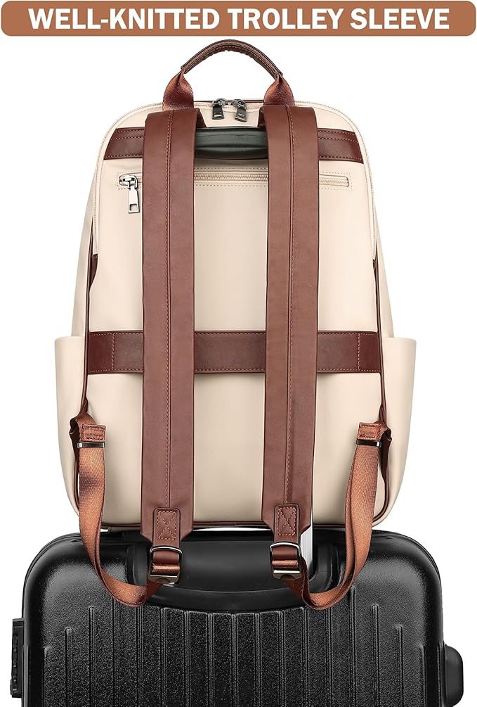 MASINTOR 15.6 inch Leather Laptop Backpack Purse for Women, Designer Travel and Work Bag with Laptop Compartment Beige Brown