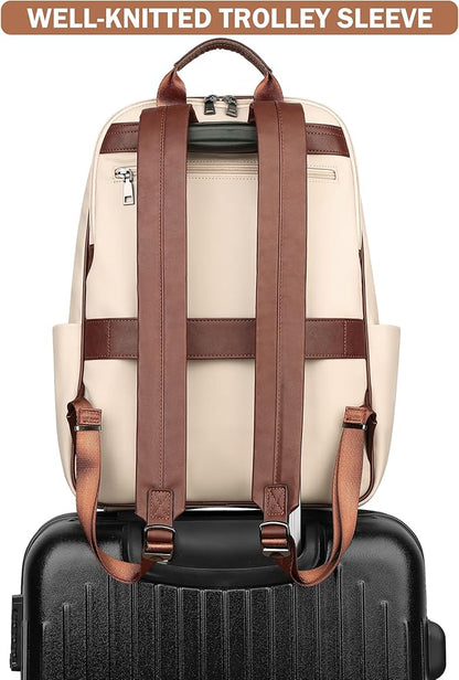 MASINTOR 15.6 inch Leather Laptop Backpack Purse for Women, Designer Travel and Work Bag with Laptop Compartment Beige Brown
