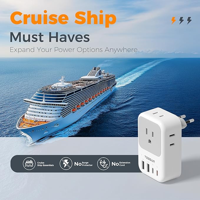 TESSAN European Travel Plug Adapter 2 Pack, PD 20W Adapter for Europe Plug with 4 AC Outlets 4 USB (2 USB C), Type C Adaptor for US to Europe, Italy, Spain, France, Portugal, Greece, Iceland, Germany