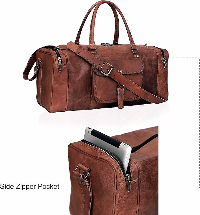 24 Inch Large Leather Duffel Travel Duffle Gym Sports Overnight Weekender Bag (brown)