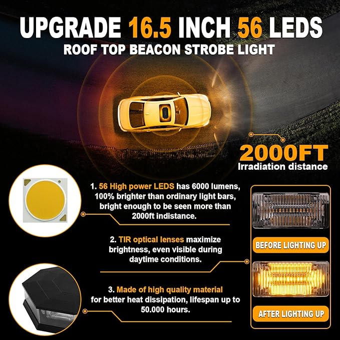 ASPL 16.5 Inch Roof Top Beacon Emergency Strobe Light with Controller 56 LED Magnetic Warning Caution lights bar Traffic Hazard Plow Light for Trucks Vehicles Construction Snowplow (Amber)