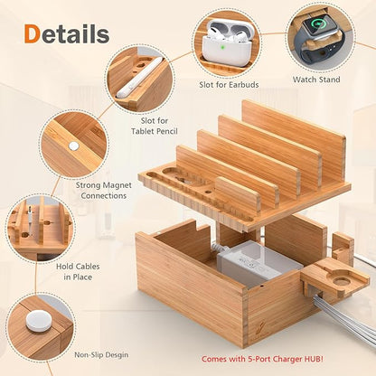 Pezin & Hulin Desktop USB Charging Station with Bamboo Charging Station, Desktop Charger Block, Compatible with Tablet, Cell Phone, Earbuds, Smartwatch