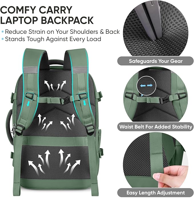 BALEINE Travel Backpack for Women Men, Large Sturdy Carry On Laptop Backpack Gifts for Business, Casual, Weekender, Hiking (XL, Olive Green)